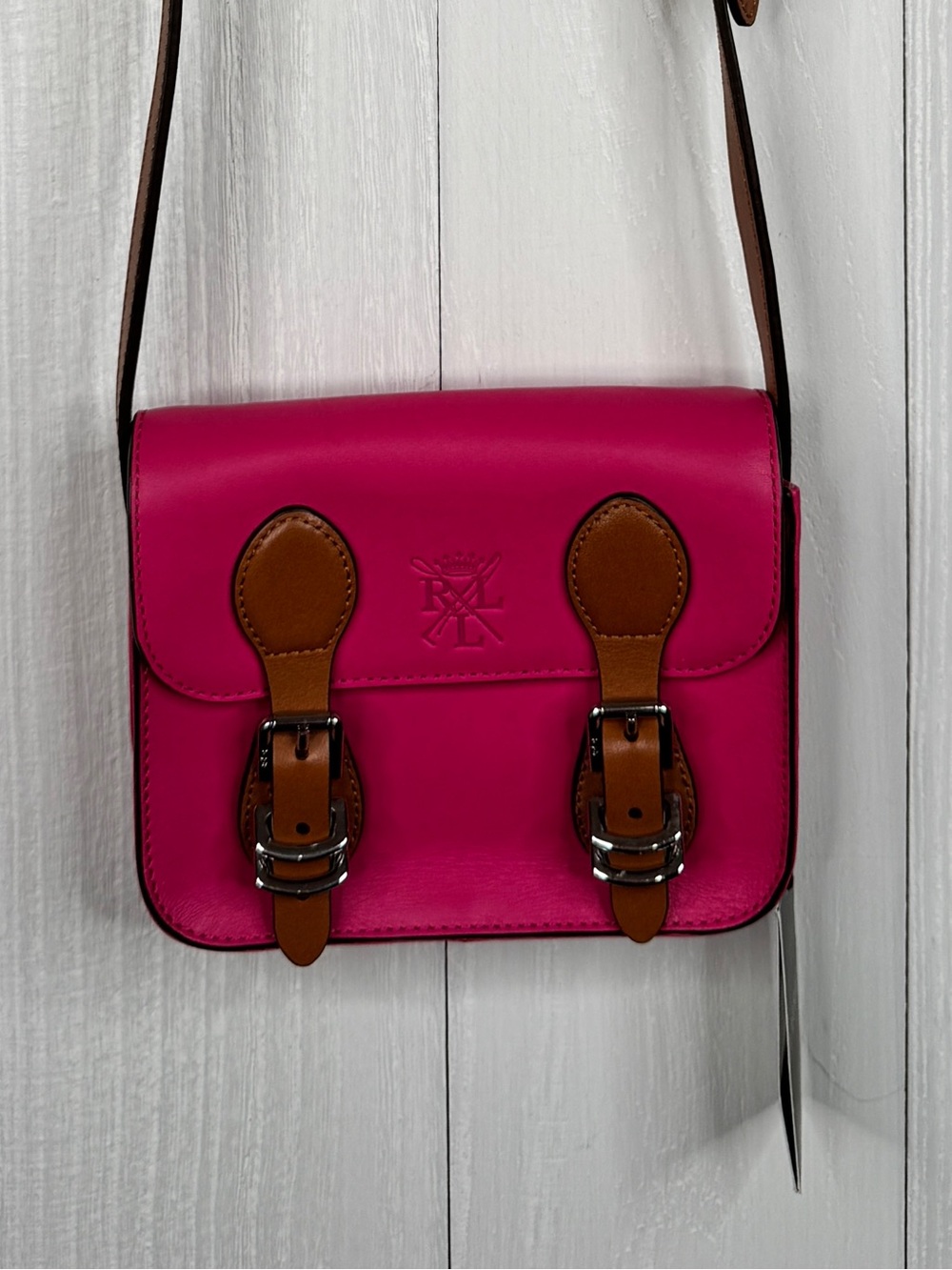 Lauren Ralph Lauren Pink Monogram Logo Crossbody Bag Purse Small Leather